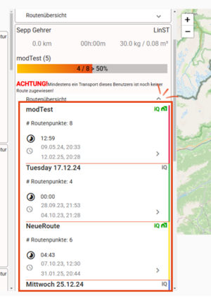 Ausgeklappte Routenübersicht eines Benutzers