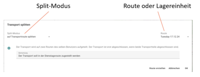 Transport splitten Dialog