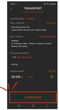 Transport annehmen Transport annehmen